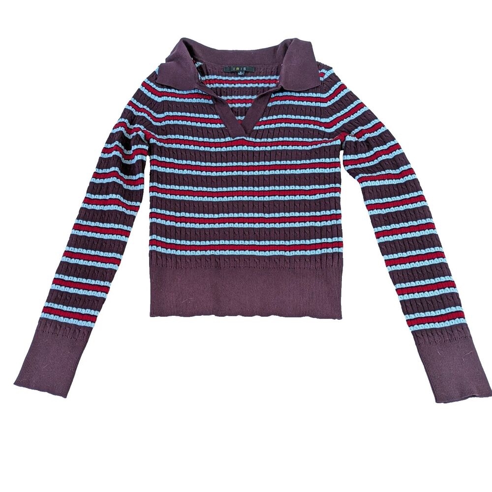 IRIS Striped Knit Polo Sweater Women S Long Sleeve Cable Pointelle Burgundy